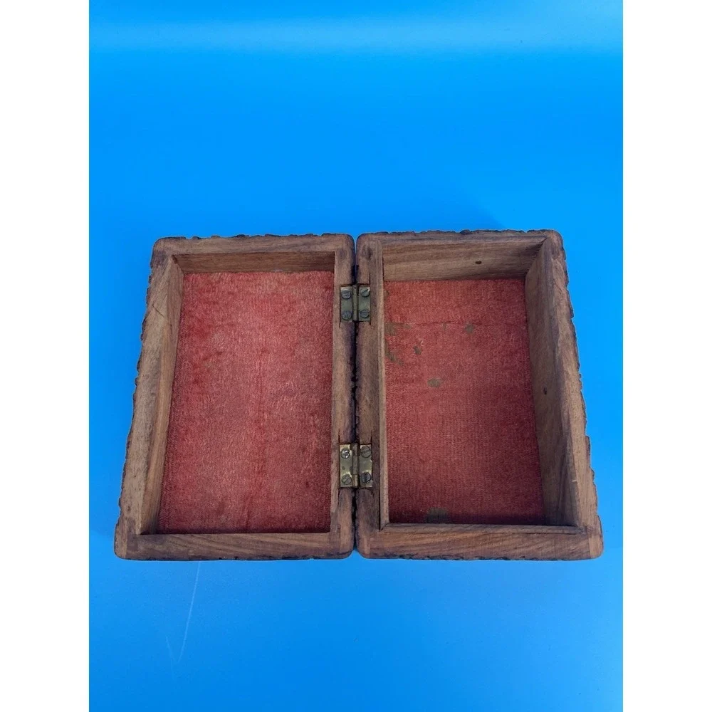 Vintage Hand Carved Wooden Jewelry Trinket Box Floral Velvet Lined 6x2.5
